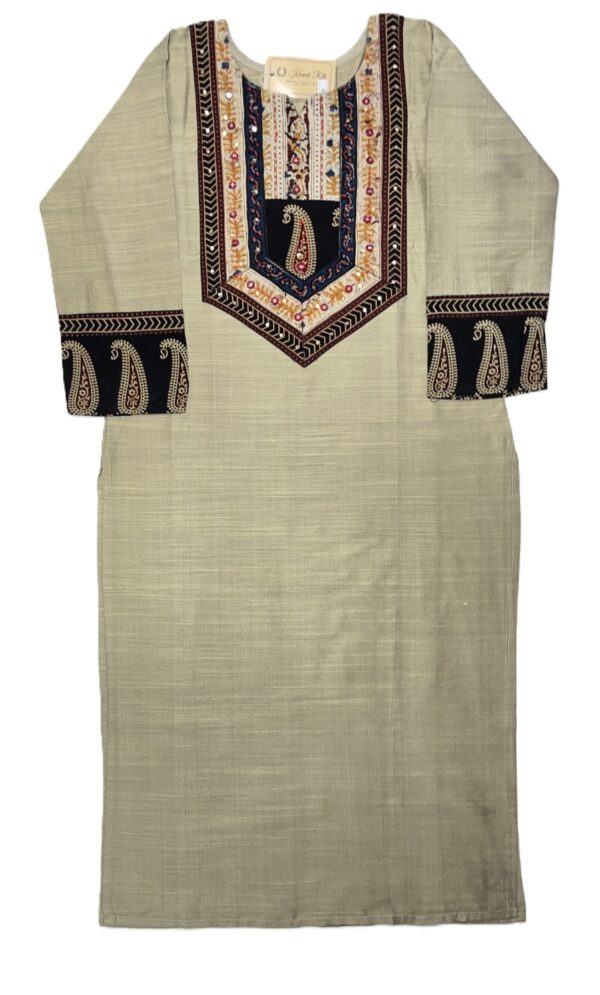 Khaki Raw Silk Kurti with Ajrakh Print & Thread Work