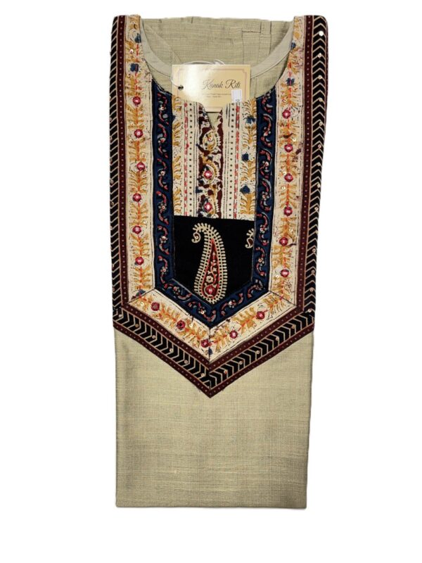 Khaki Raw Silk Kurti with Ajrakh Print & Thread Work