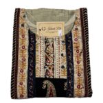 Khaki Raw Silk Kurti with Ajrakh Print & Thread Work