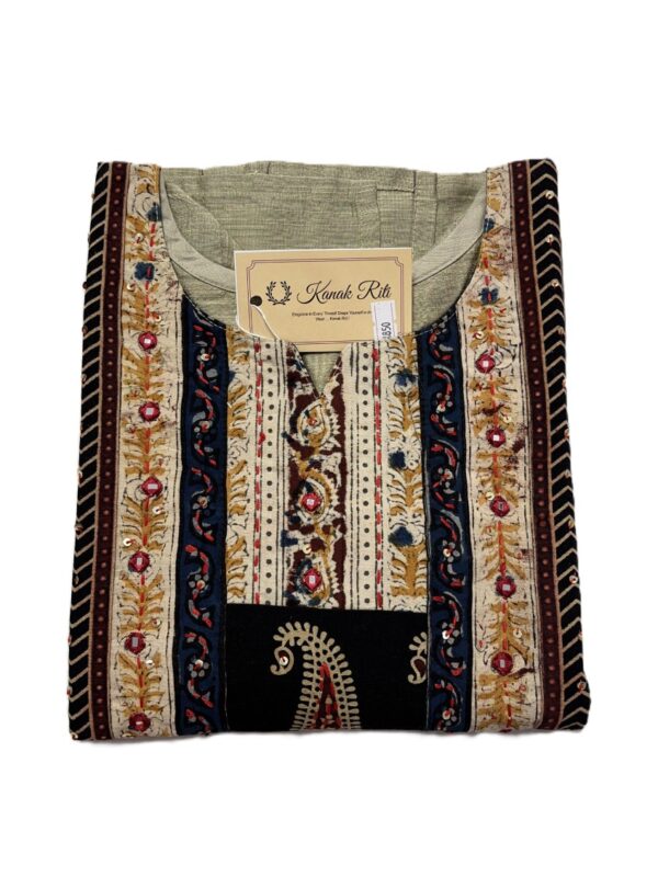 Khaki Raw Silk Kurti with Ajrakh Print & Thread Work