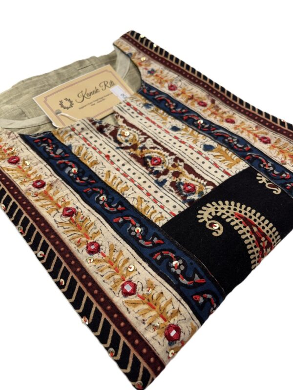 Khaki Raw Silk Kurti with Ajrakh Print & Thread Work
