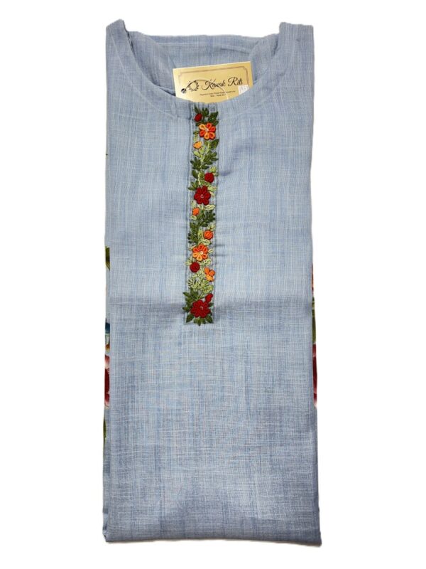 Sky Blue Linen Kurti with Threaded Hand Work & Digital Print