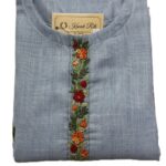 Sky Blue Linen Kurti with Threaded Hand Work & Digital Print