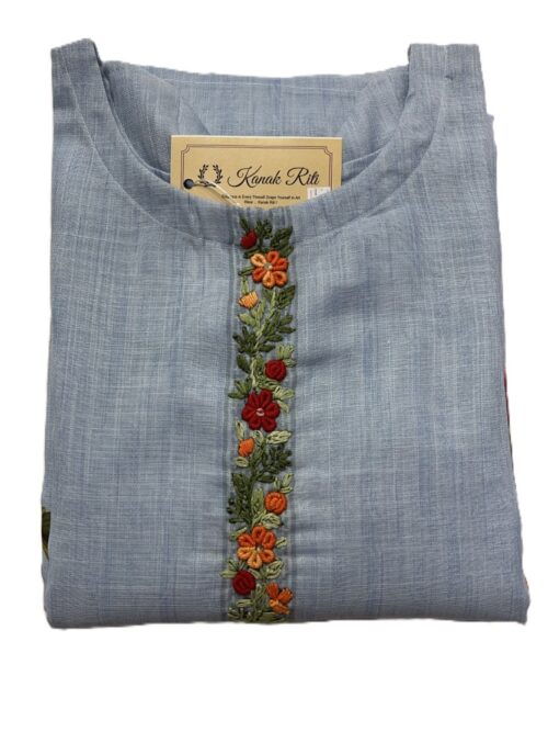 Sky Blue Linen Kurti with Threaded Hand Work & Digital Print