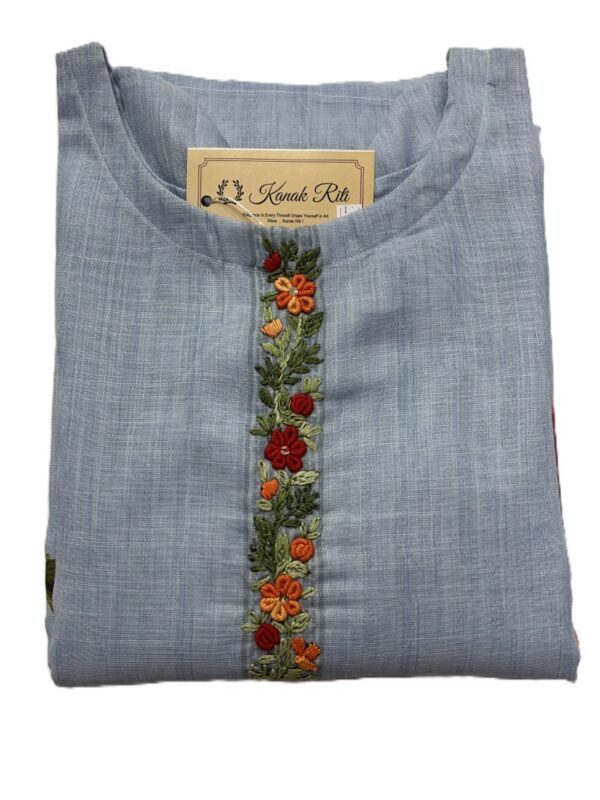 Sky Blue Linen Kurti with Threaded Hand Work & Digital Print