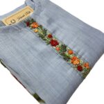 Sky Blue Linen Kurti with Threaded Hand Work & Digital Print