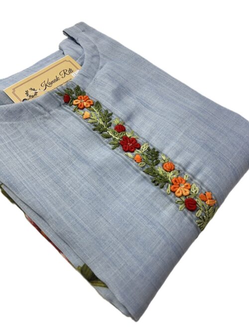 Sky Blue Linen Kurti with Threaded Hand Work & Digital Print