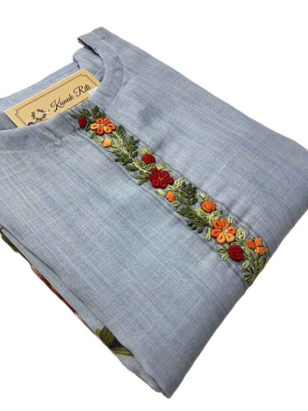 Sky Blue Linen Kurti with Threaded Hand Work & Digital Print