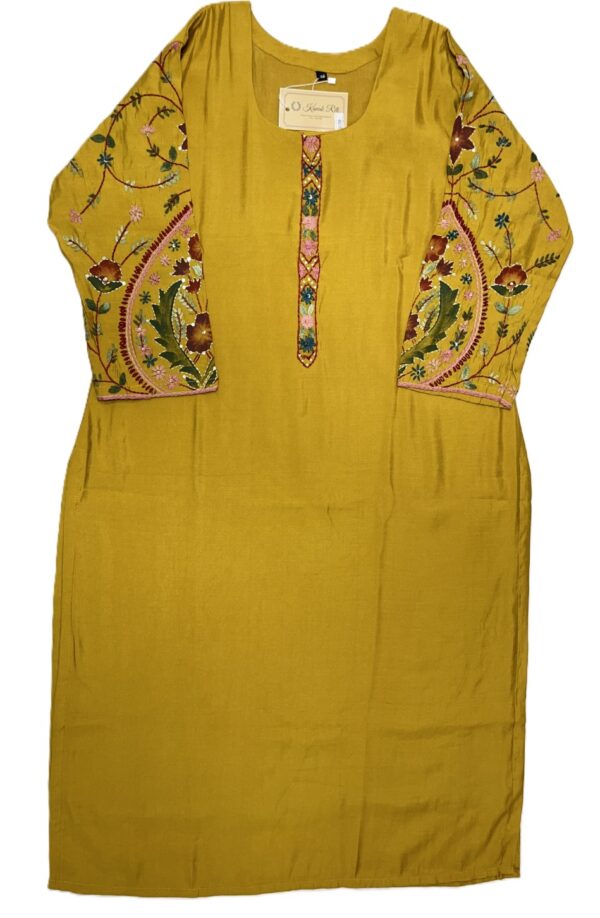 Mustard Yellow Silk Kurti Set with Hand-Painted Katha Work & Organza Dupatta
