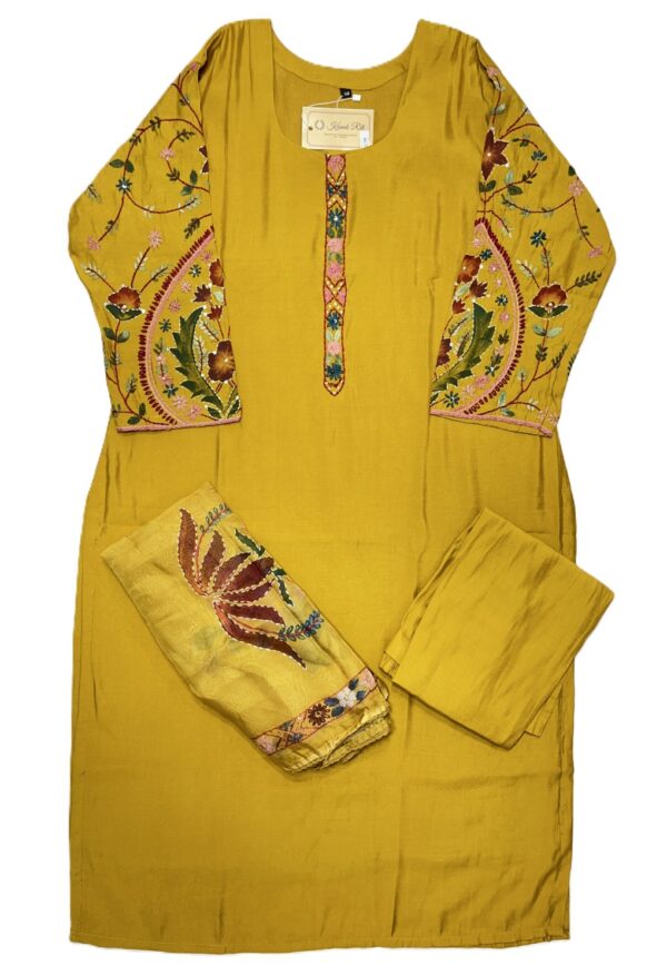 Mustard Yellow Silk Kurti Set with Hand-Painted Katha Work & Organza Dupatta