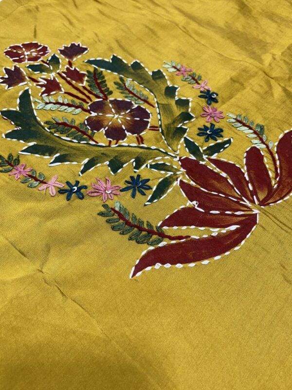 Mustard Yellow Silk Kurti Set with Hand-Painted Katha Work & Organza Dupatta