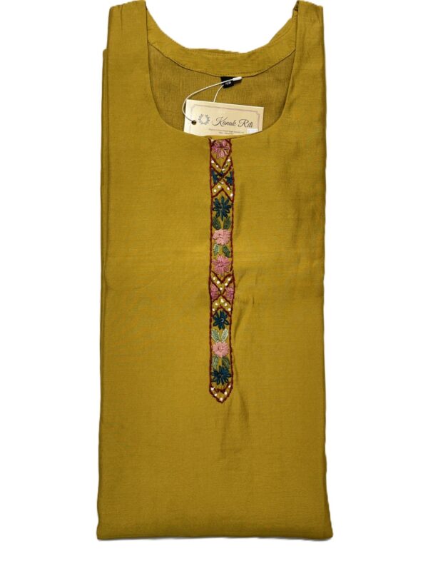 Mustard Yellow Silk Kurti Set with Hand-Painted Katha Work & Organza Dupatta