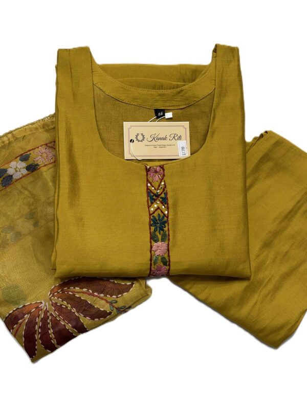Mustard Yellow Silk Kurti Set with Hand-Painted Katha Work & Organza Dupatta
