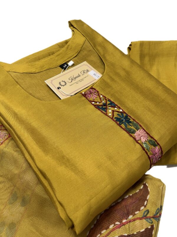 Mustard Yellow Silk Kurti Set with Hand-Painted Katha Work & Organza Dupatta