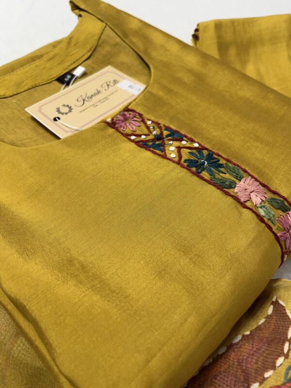 Mustard Yellow Silk Kurti Set with Hand-Painted Katha Work & Organza Dupatta