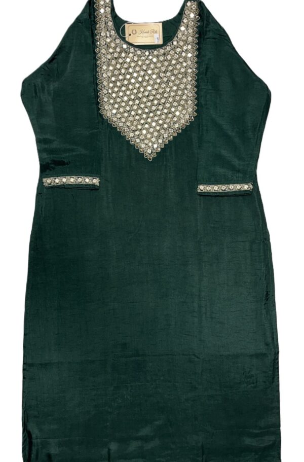 Dark Green Silk Kurti Set with Mirror & Cutdana Work, Pant & Dupatta | Festive Ethnic Wear by Kanak Riti