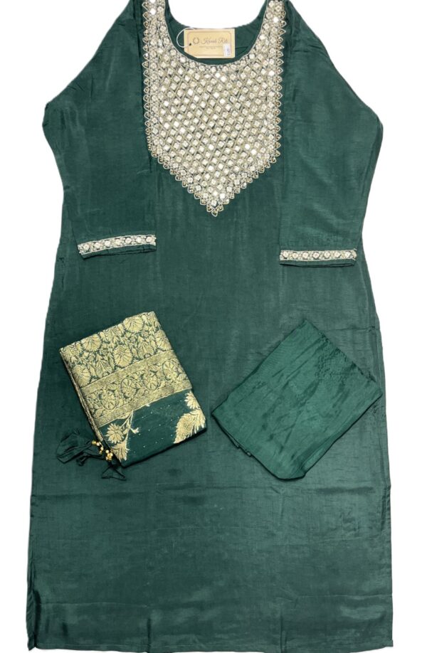 Dark Green Silk Kurti Set with Mirror & Cutdana Work, Pant & Dupatta
