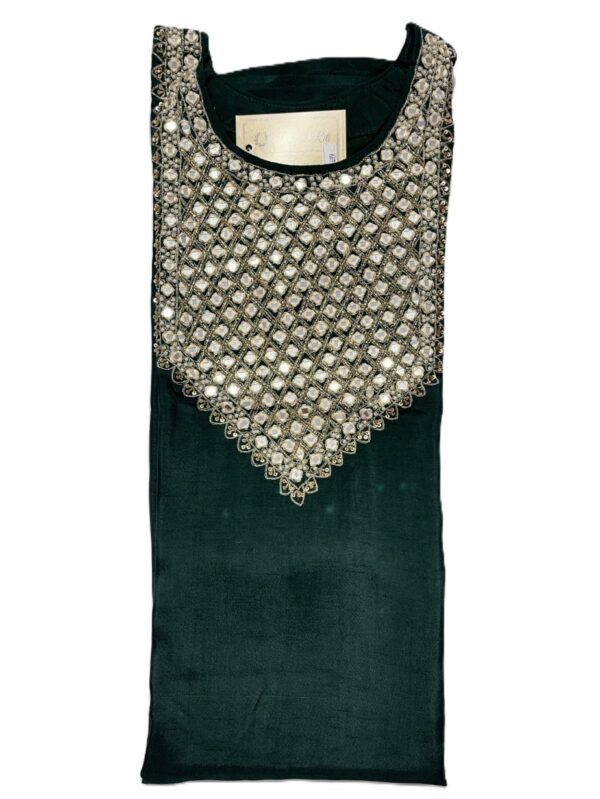Dark Green Silk Kurti Set with Mirror & Cutdana Work, Pant & Dupatta