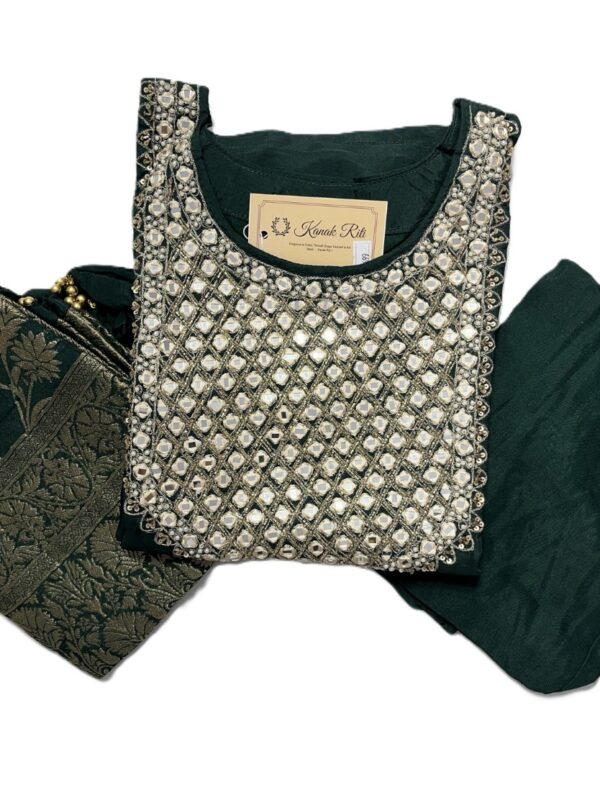 Dark Green Silk Kurti Set with Mirror & Cutdana Work, Pant & Dupatta