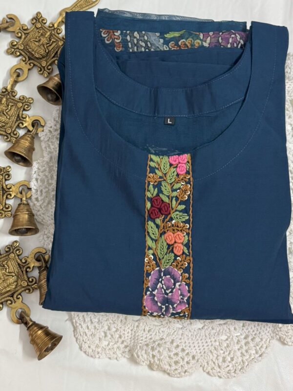 Navy Blue Silk Kurti Set with Hand-Stitched Embroidery & Printed Organza Dupatta – Palazzo Ethnic Wear