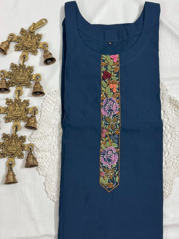 Navy Blue Silk Kurti Set with Hand-Stitched Embroidery & Printed Organza Dupatta – Palazzo Ethnic Wear