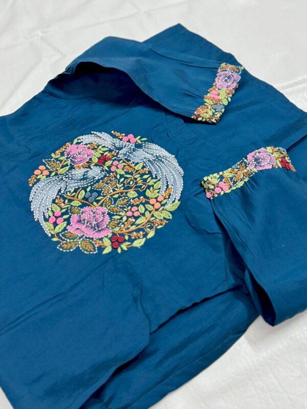 Navy Blue Silk Kurti Set with Hand-Stitched Embroidery & Printed Organza Dupatta – Palazzo Ethnic Wear