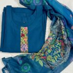 Navy Blue Silk Kurti Set with Hand-Stitched Embroidery & Printed Organza Dupatta – Palazzo Ethnic Wear