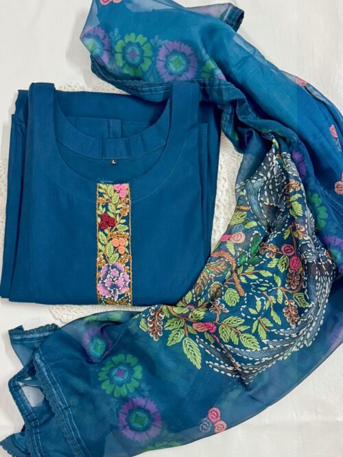 Navy Blue Silk Kurti Set with Hand-Stitched Embroidery & Printed Organza Dupatta – Palazzo Ethnic Wear