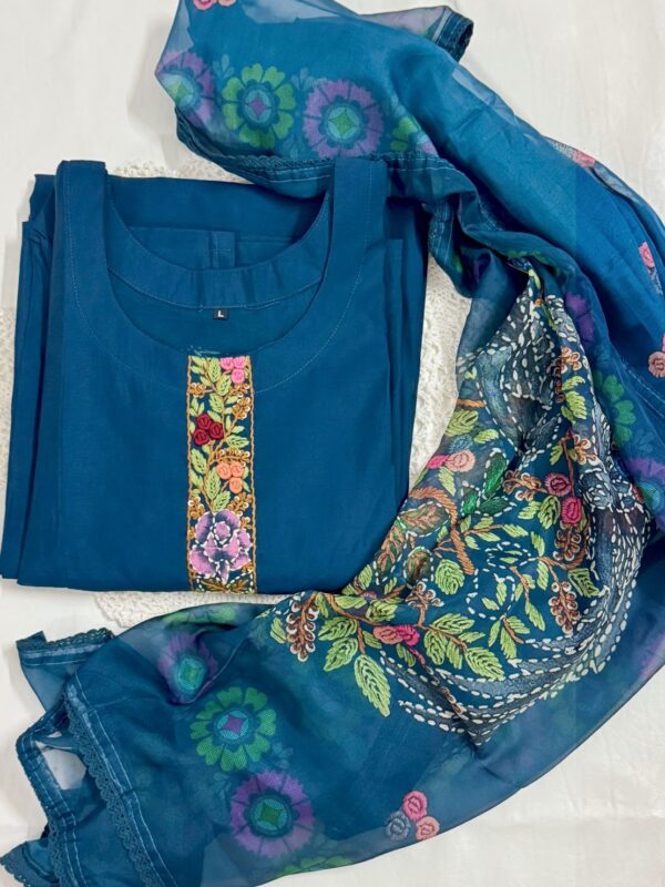 Navy Blue Silk Kurti Set with Hand-Stitched Embroidery & Printed Organza Dupatta – Palazzo Ethnic Wear