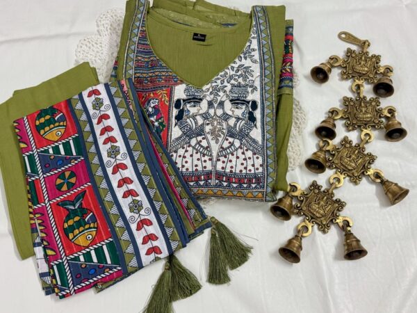 Olive Green Chanderi Silk Anarkali Kurti Set with Thread Work