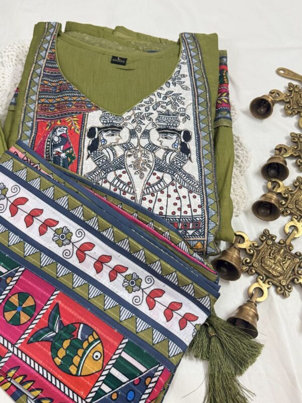 Olive Green Chanderi Silk Anarkali Kurti Set with Thread Work
