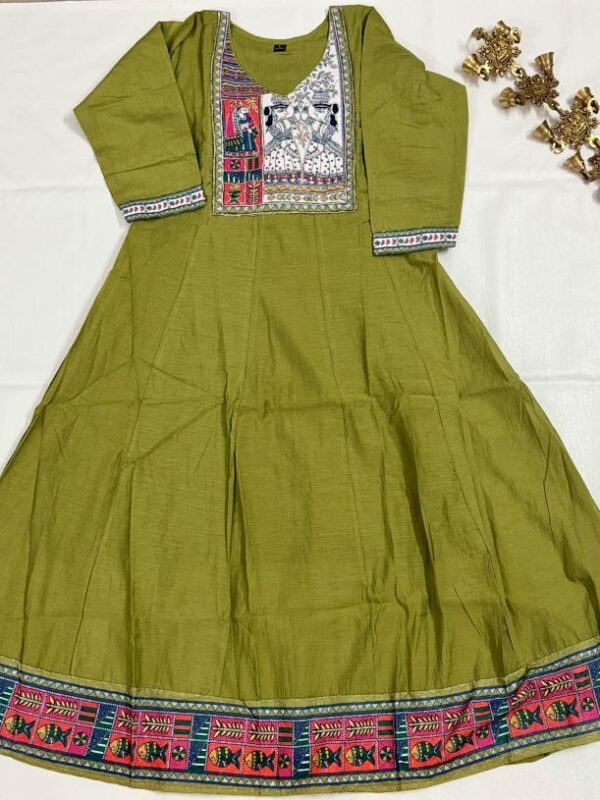 Olive Green Chanderi Silk Anarkali Kurti Set with Thread Work