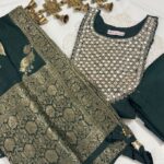 Dark Green Silk Kurti Set with Mirror & Cutdana Work, Pant & Dupatta | Festive Ethnic Wear by KanakRiti