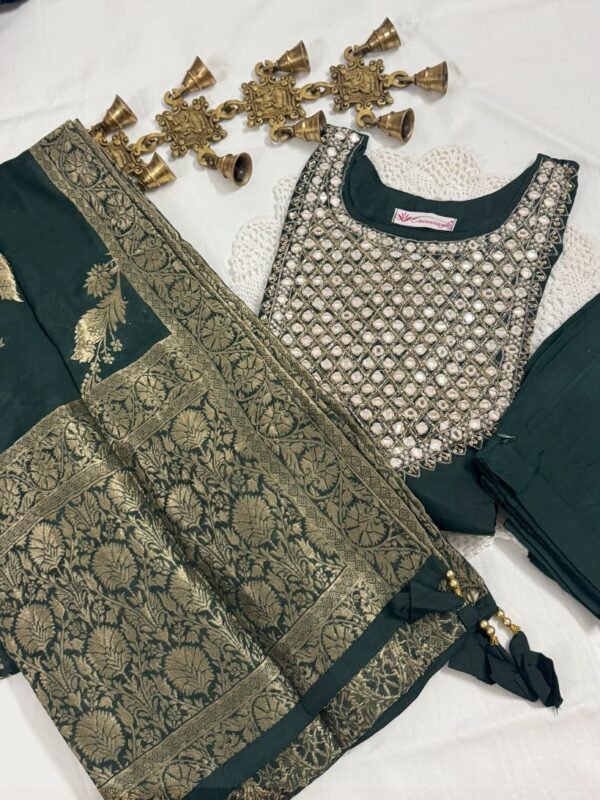 Dark Green Silk Kurti Set with Mirror & Cutdana Work, Pant & Dupatta | Festive Ethnic Wear by KanakRiti