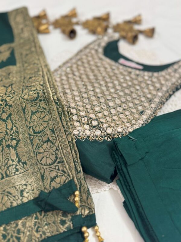 Dark Green Silk Kurti Set with Mirror & Cutdana Work, Pant & Dupatta | Festive Ethnic Wear by KanakRiti