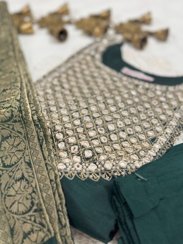 Dark Green Silk Kurti Set with Mirror & Cutdana Work, Pant & Dupatta | Festive Ethnic Wear by KanakRiti