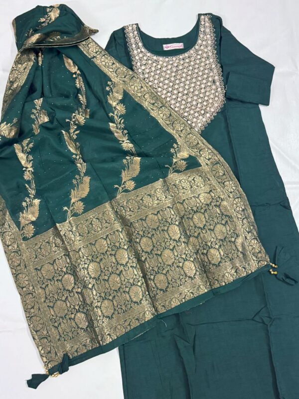 Dark Green Silk Kurti Set with Mirror & Cutdana Work, Pant & Dupatta | Festive Ethnic Wear by KanakRiti