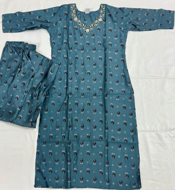 Dark Cyan Soft Maslin Kurti with Pant Set – Cutdana Hand Work on Yoke