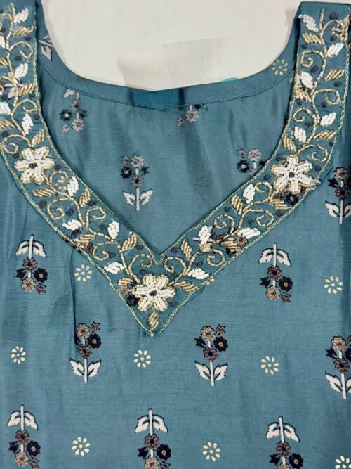 Dark Cyan Soft Maslin Kurti with Pant Set – Cutdana Hand Work on Yoke