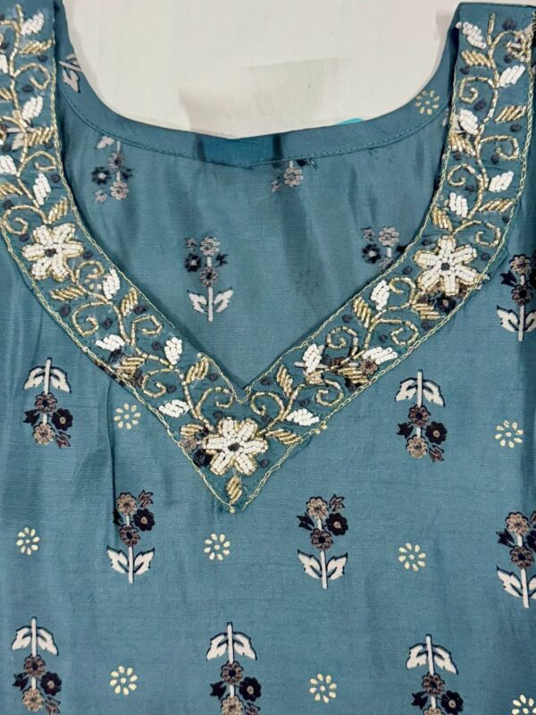 Dark Cyan Soft Maslin Kurti with Pant Set – Cutdana Hand Work on Yoke
