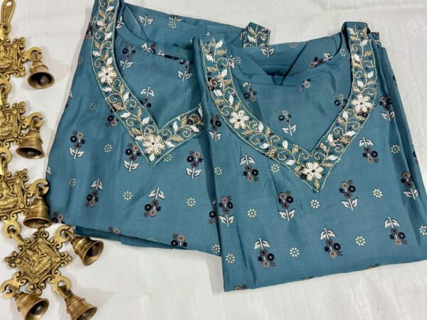 Dark Cyan Soft Maslin Kurti with Pant Set – Cutdana Hand Work on Yoke