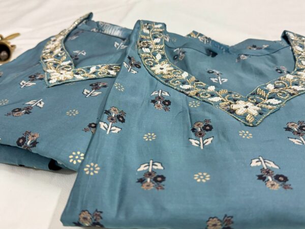 Dark Cyan Soft Maslin Kurti with Pant Set – Cutdana Hand Work on Yoke