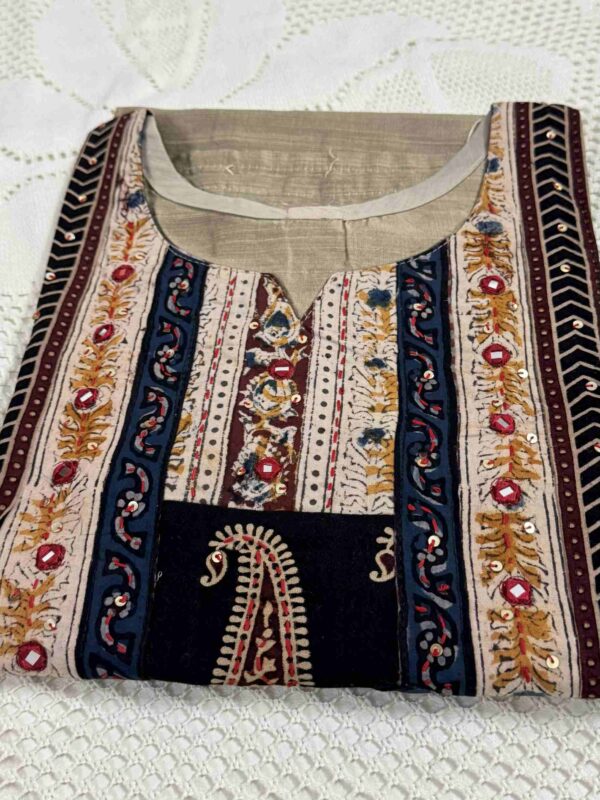 Khaki Raw Silk Kurti with Ajrakh Print & Thread Work