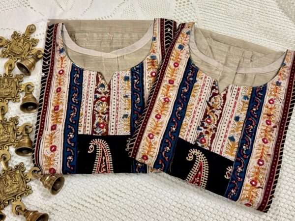 Khaki Raw Silk Kurti with Ajrakh Print & Thread Work