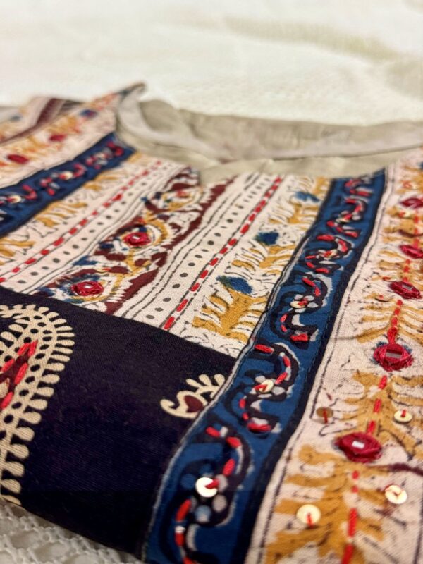 Khaki Raw Silk Kurti with Ajrakh Print & Thread Work