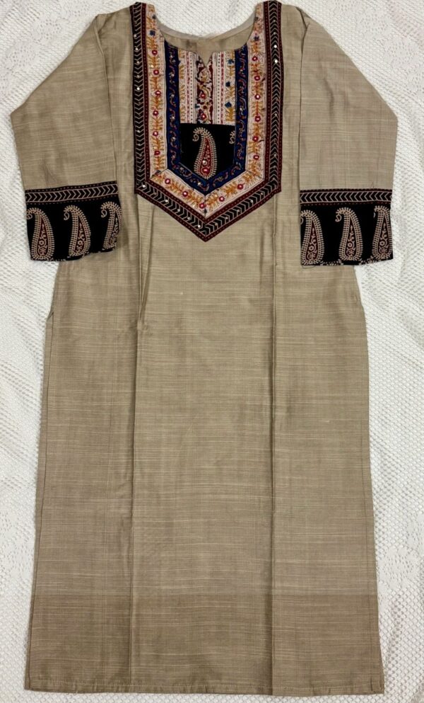 Khaki Raw Silk Kurti with Ajrakh Print & Thread Work