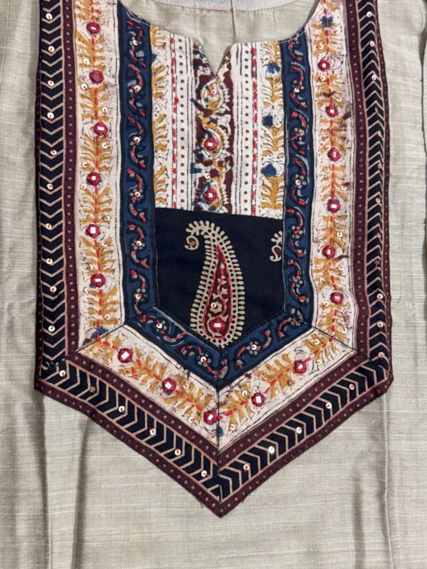 Khaki Raw Silk Kurti with Ajrakh Print & Thread Work