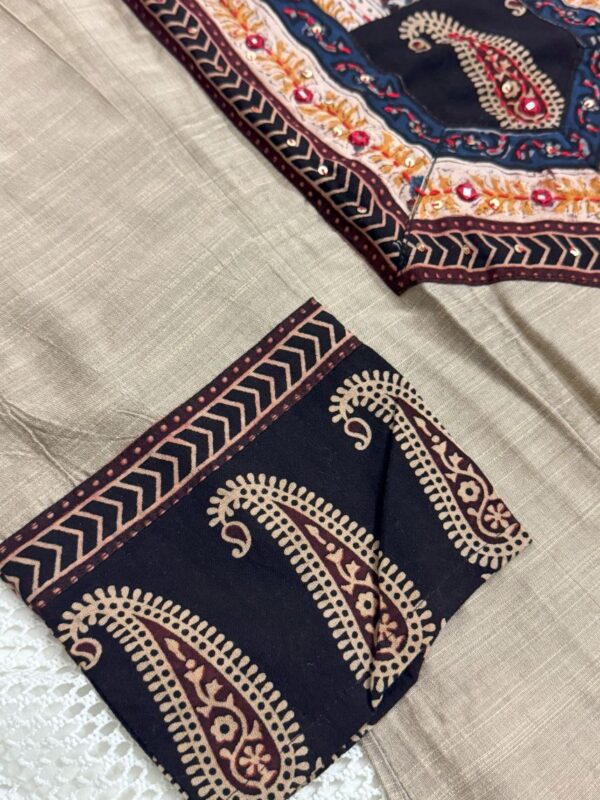Khaki Raw Silk Kurti with Ajrakh Print & Thread Work