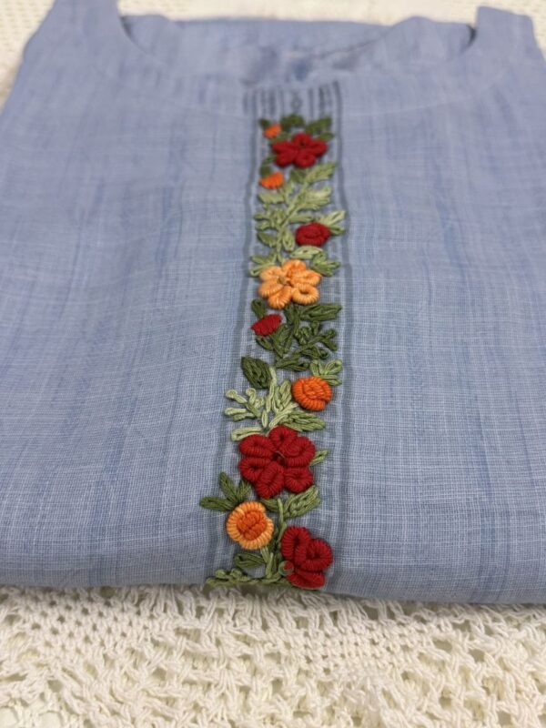 Sky Blue Linen Kurti with Threaded Hand Work & Digital Print