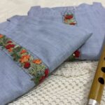 Sky Blue Linen Kurti with Threaded Hand Work & Digital Print